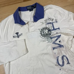 VINTAGE Polo Ralph Lauren Rugby Shirt Mens XL Custom Fit Navy Paint H.M.S 67 - Picture 1 of 11