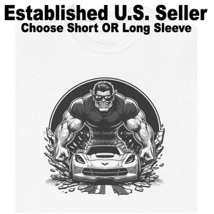 DigiRods Chevy Corvette C7 Troll Muscle Black & White Cartoon Car White T Shirt - Picture 1 of 6