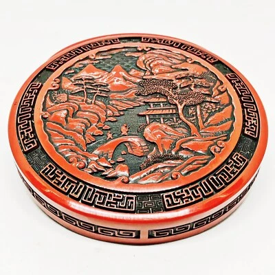 Caja de laca contenedor de incienso paisaje tapa Tsuishu Sendai de madera japonesa Foto 1 de 4