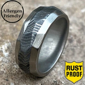 Anello Acciaio in Pistola Personalizzato Fatto a Mano Intarsio Damasco Sfacciato Uomo Fascia Matrimonio - Foto 1 di 7