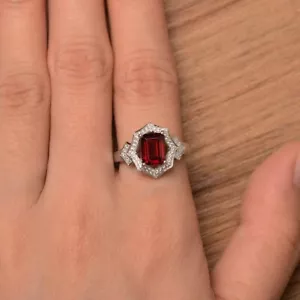 Red Garnet Dainty Ring Gemstone Emerald Cut 925 Sterling Silver Women Ring - Picture 1 of 5