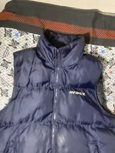 Vintage 90's Avirex Hooded Puffer Jacket Vest Men’s Large Hidden Hood Blue - Picture 1 of 15