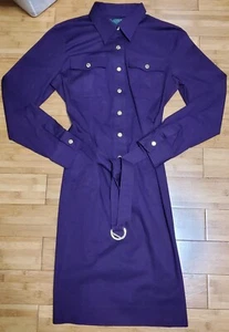 Vintage Lauren Ralph Lauren Shirt Dress Purple Khaki Belt Womens Trench Size 10 - Picture 1 of 13