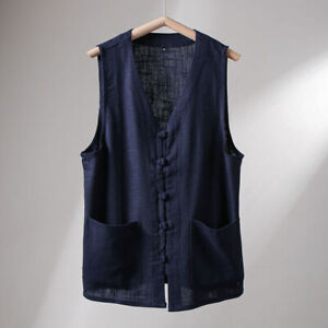 Mens Sleeveless Retro Style Vest Waistcoat Cotton Linen Button Pocket Casual Top
