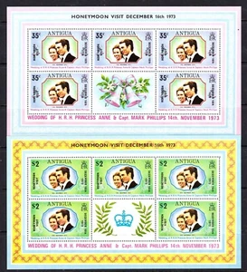 ANTIGUA #323-324 MNH PRINCESS ANNE'S HONEYMOON ISSUE (SHEET OF 5 + LABEL) - Picture 1 of 1