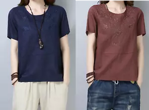 Camiseta vintage para mujer de algodón/lino floral de algodón/lino manga corta - Imagen 1 de 13