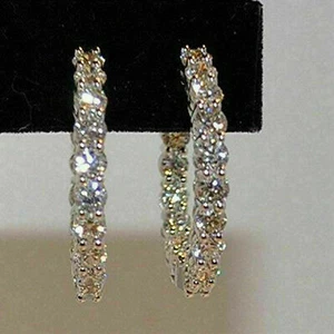 2.00Ct Round Lab Created Diamond Inside-Out 14K White Gold Plated Hoop Earrings - Picture 1 of 4
