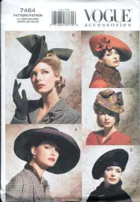 Vogue Sewing Pattern 7464, 5 Vintage Hats, One Size, Uncut - Image 1 of 2