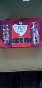 Santa Flask and Duo Shot Glass Gift Set HE SEES YOU WHEN YOU'RE DRINKING  - Picture 1 of 5