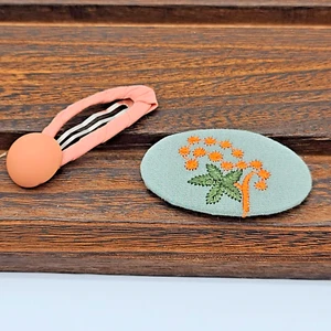 2-Piece Orange & Blue Fabric Barrette Set w Orange & Green Embroidered Flowers - Picture 1 of 6