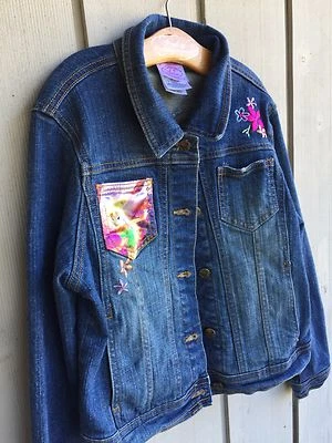  DISNEY STORE Girls Jean Jacket Sz L 10/12 Childs Fairies Embroidered Denim VGC - Image 1 of 4
