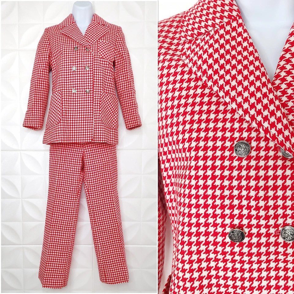 Traje Pantalón Vintage Años 70 Pata de Gallo Niño Rojo Blanco Chaqueta Pantalones Acrílico Japón 13 Foto 1 de 4