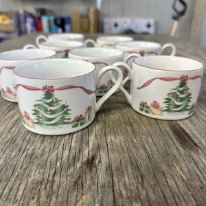 Set Of 8 Sango Home For The Holidays Pink Ribbon Short Coffee Mug 1992 Vintage - Picture 1 of 4