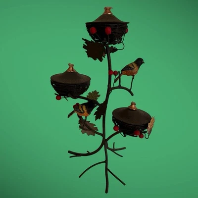 Rod Iron Wire Bird Nest Oil Candle Lamp 3 Tiered Limbs Birds Fall Leaves - Image 1 of 4