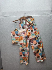 Katzenmotiv Damen Pyjama Set mit Tanktop & Hose Small Polyester & Elasthan Ble - Bild 1 von 4