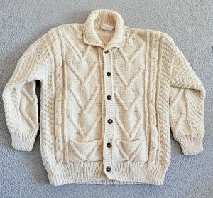 Vintage Cable Knit Sweater Cardigan Mens Large Wool Ivory Button Front - Picture 1 of 6