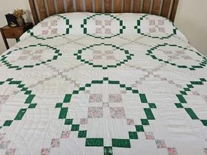 Antique Handmade Quilt Hand Stitched Green Floral Patchwork 92" x 92" Vintage - Picture 1 of 13