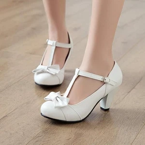 EUR 37  Mary Jane T Strap High Heels Blockabsatz Pumps mit Riemchen und Schleife - Bild 1 von 7