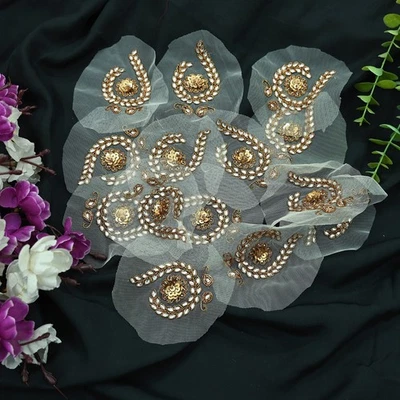 Vintage White Net Hand-Embroidered Appliques – Set of 3 Zardozi, Dabka, Decor - Image 1 of 4