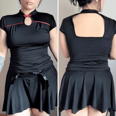 Y2K 病态线露背黑色旗袍风格红色装饰锁眼上衣 — 第 1/4 张图片