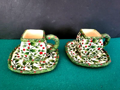 VTG Set Of 2-Christmas Teacups & Saucers, English Holly, Pacific Rim -RETIRED - Image 1 of 4