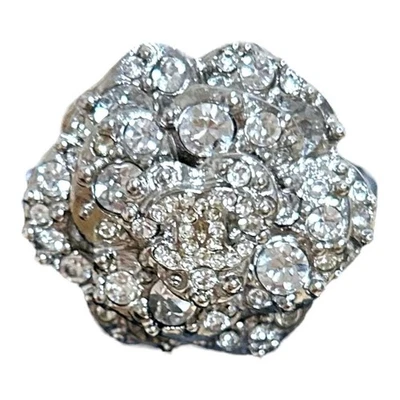 CHANEL CC Logo Camellia Flower Rhinestone Ring Silver Metal B13P EU 53 / US 6.5 - Image 1 of 4