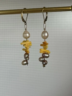 VTG 14k GF Natural Yellow Coral White Freshwater Pearl Dangle Earrings - Image 1 of 4
