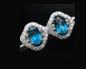 Sky Blue Topaz & White Topaz 925 Earrings Sterling Silver Statement Jewelry - Picture 1 of 3