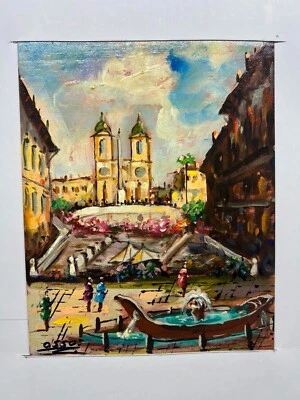 Vintage Oil Painting Spanish Steps Rome Italy SIGNED by OSSO 24 x 31cm UNFRAMED - image 1 of 4