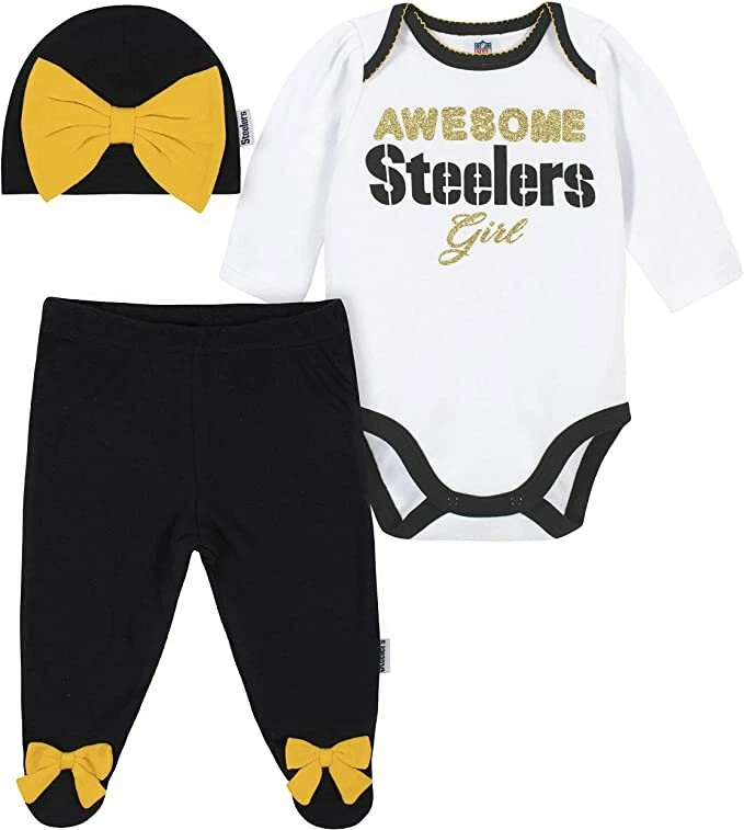 NFL Pittsburgh Steelers Bodysuit Footed Pants Cap Set Size 3-6 Month Gerber