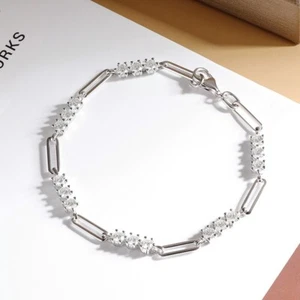 3mm D VVS1 Moissanite Paperclip Link Bracelet Women 925 Sterling Silver Chain - Picture 1 of 17