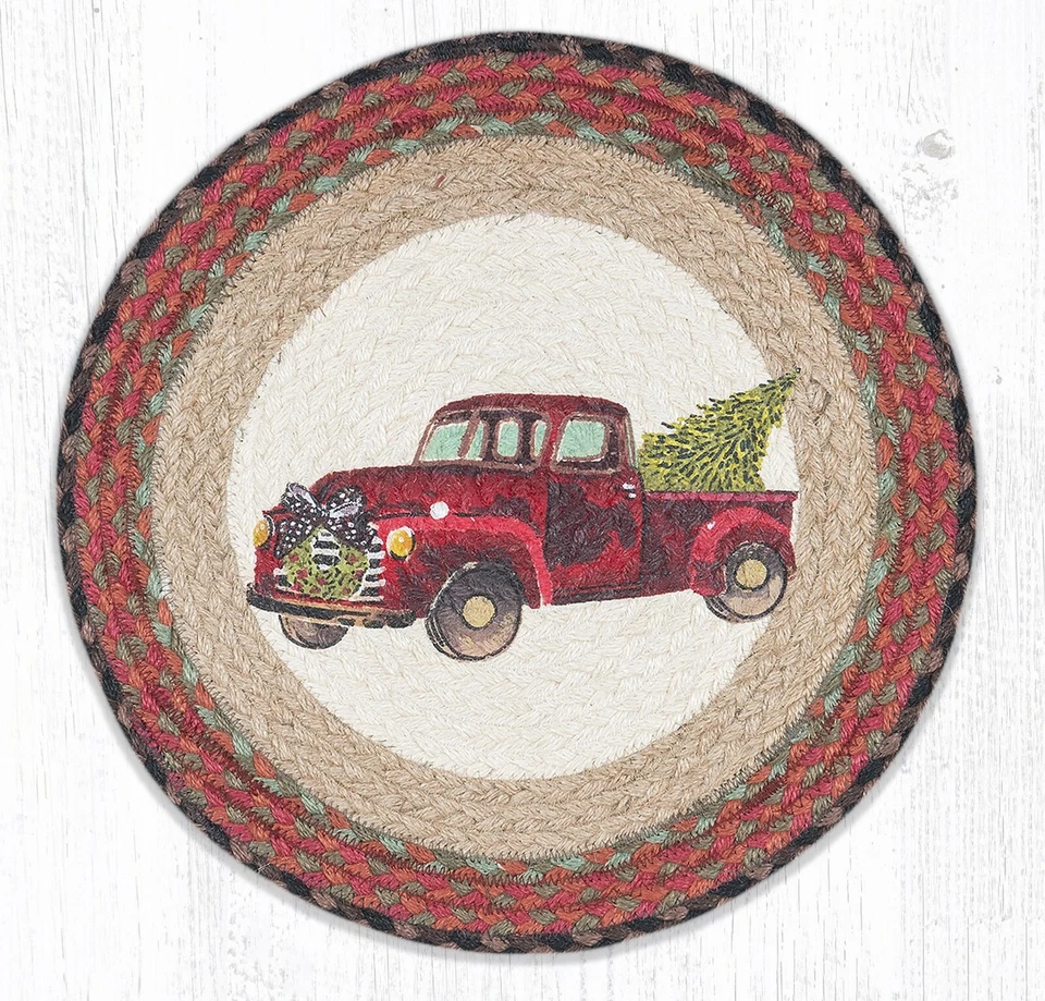 2 peças de juta trançada redonda estampada placemat/trivet. Tapetes de terra. CAMINHÃO DE NATAL - Imagem 1 de 1