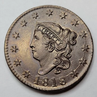 1818 Coronet Head Large Cent 1c Die Crack AU High Grade Great Detail *H574 - Image 1 of 2