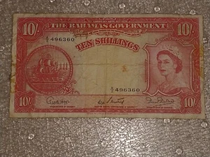 Bahamas Ten Shillings 1953 P14b Rare Old Vintage Banknote 10/- Elizabeth II Bill - Picture 1 of 2