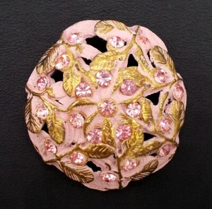 Vintage Pierced Pink Enamel Rhinestone Leaf Gold Plated Domed Shank Button 1 1/2 - Picture 1 of 13