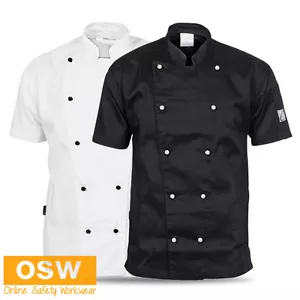 Mens Ladies Black White CHEF SHORT SLEEVE Hospitality Restaurant Jacket - Picture 1 of 4