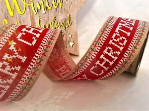 APAC MERRY CHRISTMAS Cross Stitch effect design burlap - Luxury Wire Edge Ribbon - Picture 1 of 5