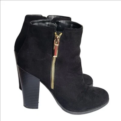 Call It Spring Vegan Suede Gold Zipper Black Bootie Chunky Heel Ankle Boots 6.5 - Image 1 of 4
