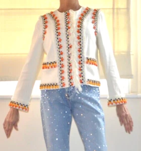 TORY BURCH Eleonor Ivory Jeweled Embellished Linen Jacket Blazer New 6 US 10 UK - Picture 1 of 18
