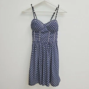 AMERICAN RAG POLKA DOT PINUP DRESS SPAGHETTI STRAP Navy Blue White XS Sweetheart - Picture 1 of 10