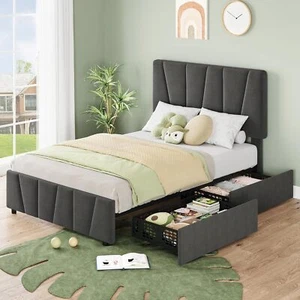 Twin Size Bed Frame with 2 Storage Drawers Linen Upholstered Headboard Platform - Picture 1 of 8