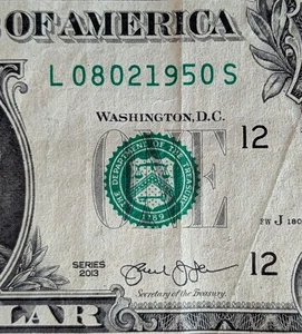 Billete de $1 2013 serie elegante, billete de fecha de 75 cumpleaños 02 de agosto de 1950. L 0802195 S - Imagen 1 de 3