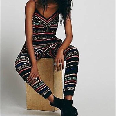 Mara Hoffman Sequin Striped Georgette Spaghetti Strap Jumpsuit black size XS - Image 1 of 4