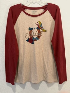Ariat Real Ropey Rose Tee Beige Burgundy Raglan Sleeve Horseshoe Logo Womens L - Picture 1 of 7