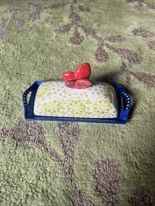 Pier 1 Hand Painted Stoneware Butter Dish & Lid Red Butterfly With Mandela Print - Picture 1 of 5