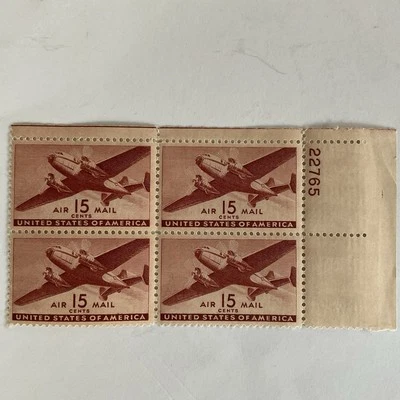 United States stamp~1941~twin motor plane~Air Post~15 cents~#C28~MNH~plate block - Image 1 of 3