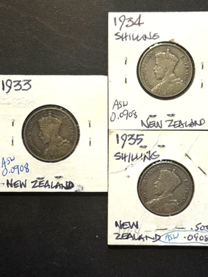 New Zealand Shilling Set 1933, 1934 & 1935 VF to XF - 3 YR Set .500Silver🔥NICE! - Image 1 of 4