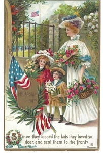 Memorial Day embossed 1910 card with a Lady and daughters in Sunday best - Picture 1 of 2
