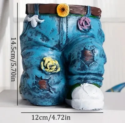 全新 6 英寸针织蓝色牛仔裤风格花盆。 Fun Enchanting 花园树脂 6x5 — 第 1/4 张图片