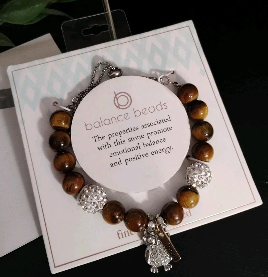 Balance Beads TIGER'S EYE Stone Silver Plated "Hope" Owl Adjustable Bracelet! - Image 1 of 4